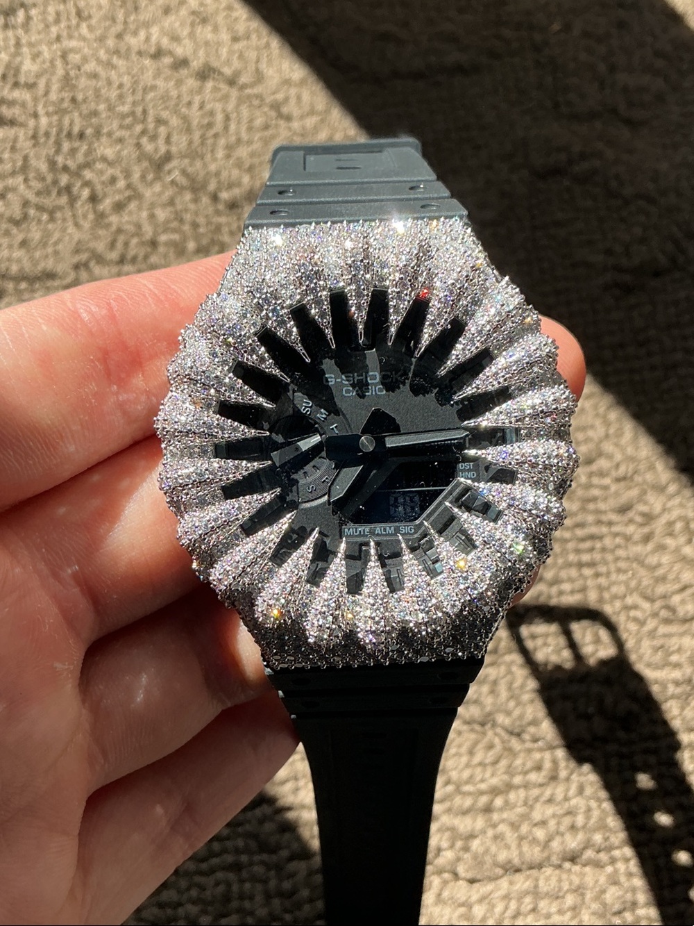 Casio Black Watch with Moissanite Sparkling Silver Bezel